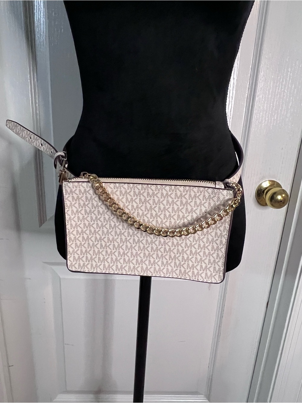 Michael Kors Vanilla MK Signature Chain Belt Bag Sz Medium